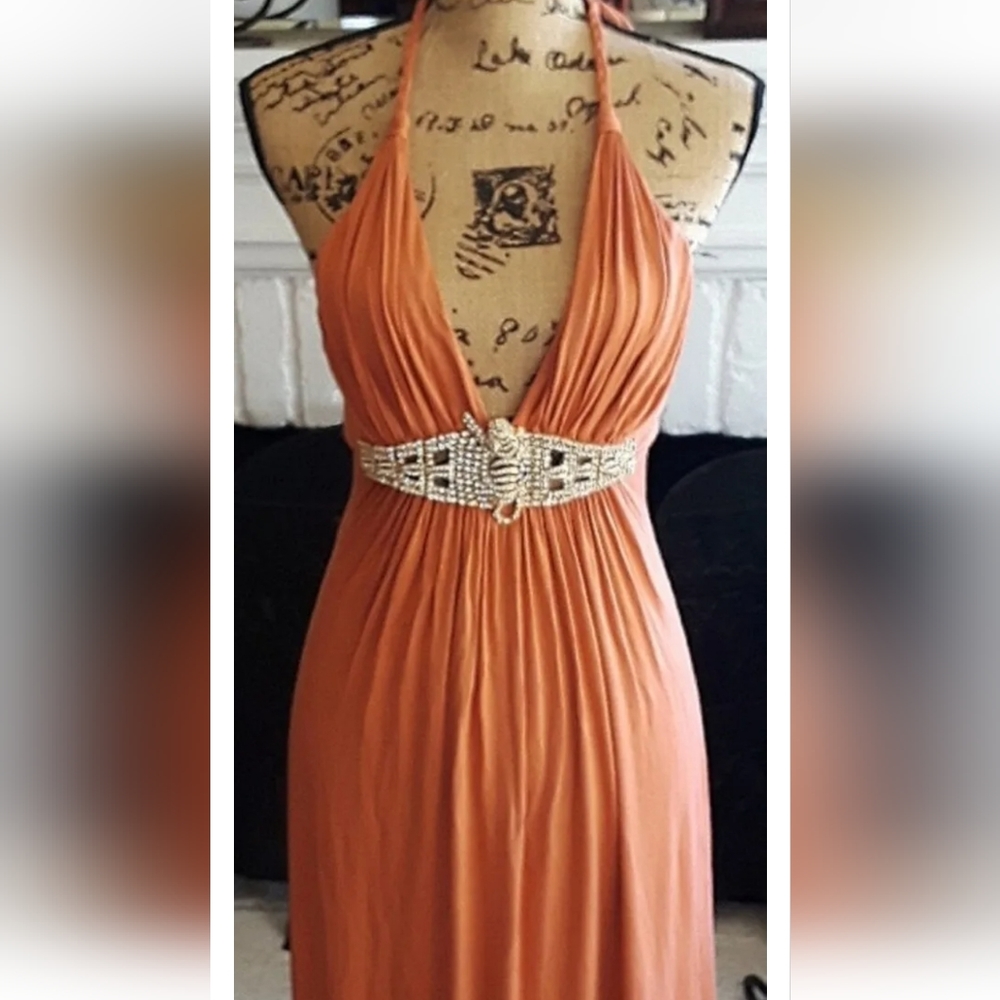 SKY BRAND WOMEN'S ORANGE HALTER LONG MAXI DRESS JEWELED TIGER RHINESTONES SZ S - Picture 13 of 13